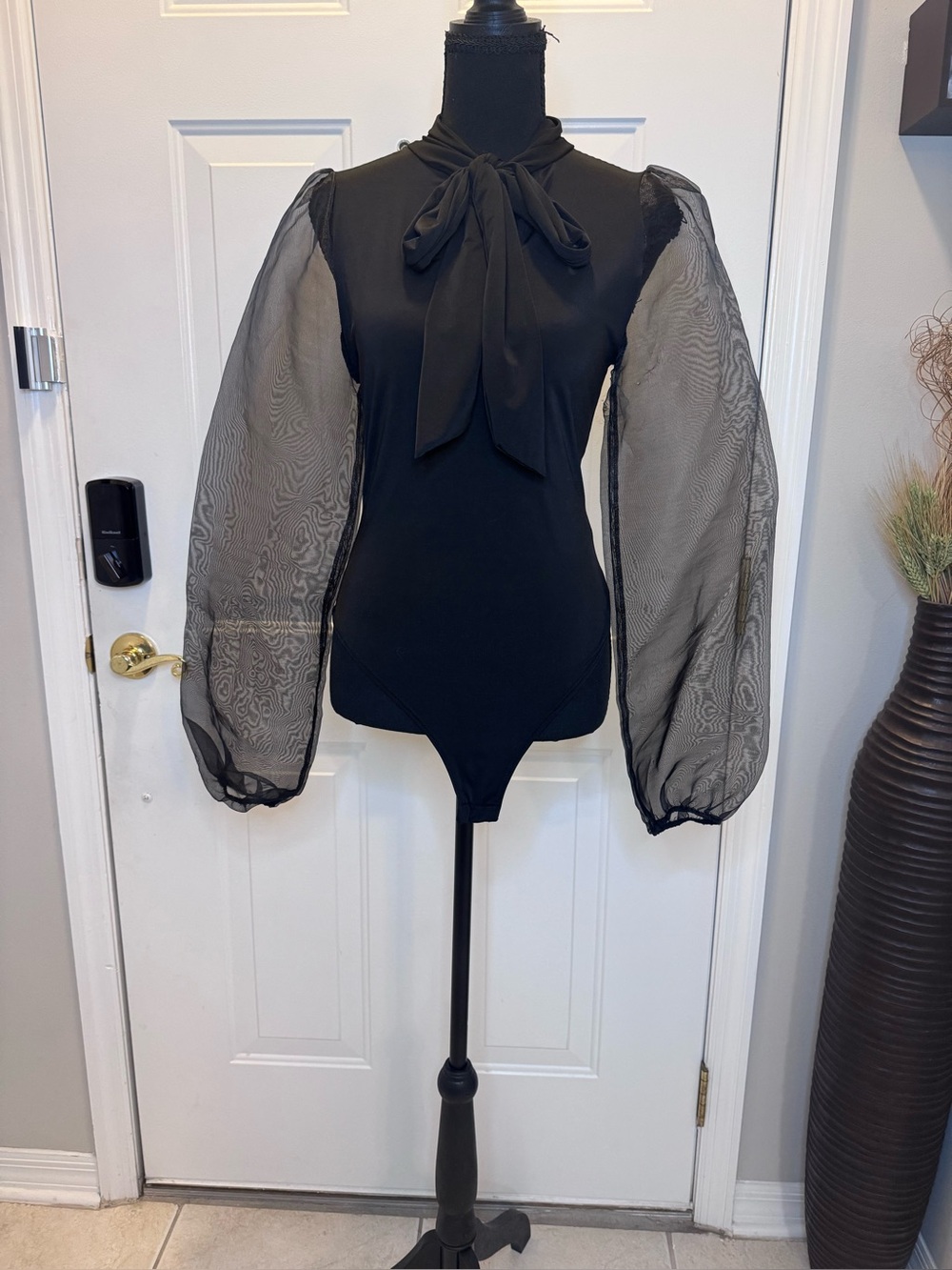 Fashion Nova Bubble Sheer Sleeve Tie-Neck Black Bodysuit